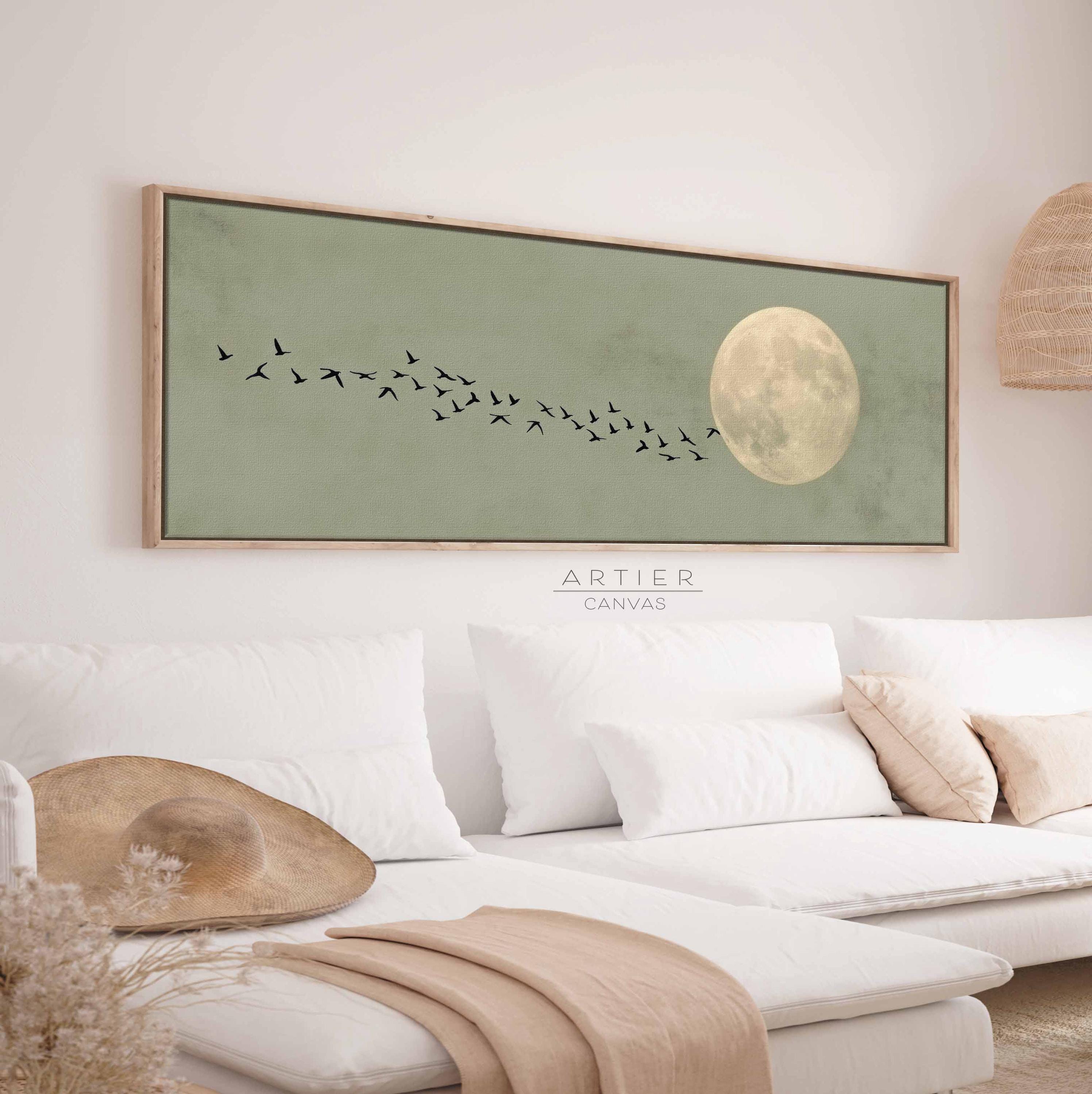 Sage Green Japandi Flying Birds Canvas Wall Art, Long Horizontal Full Moon Wall Art, Ultra Wide Sky View Framed Canvas Print, Oriental Art