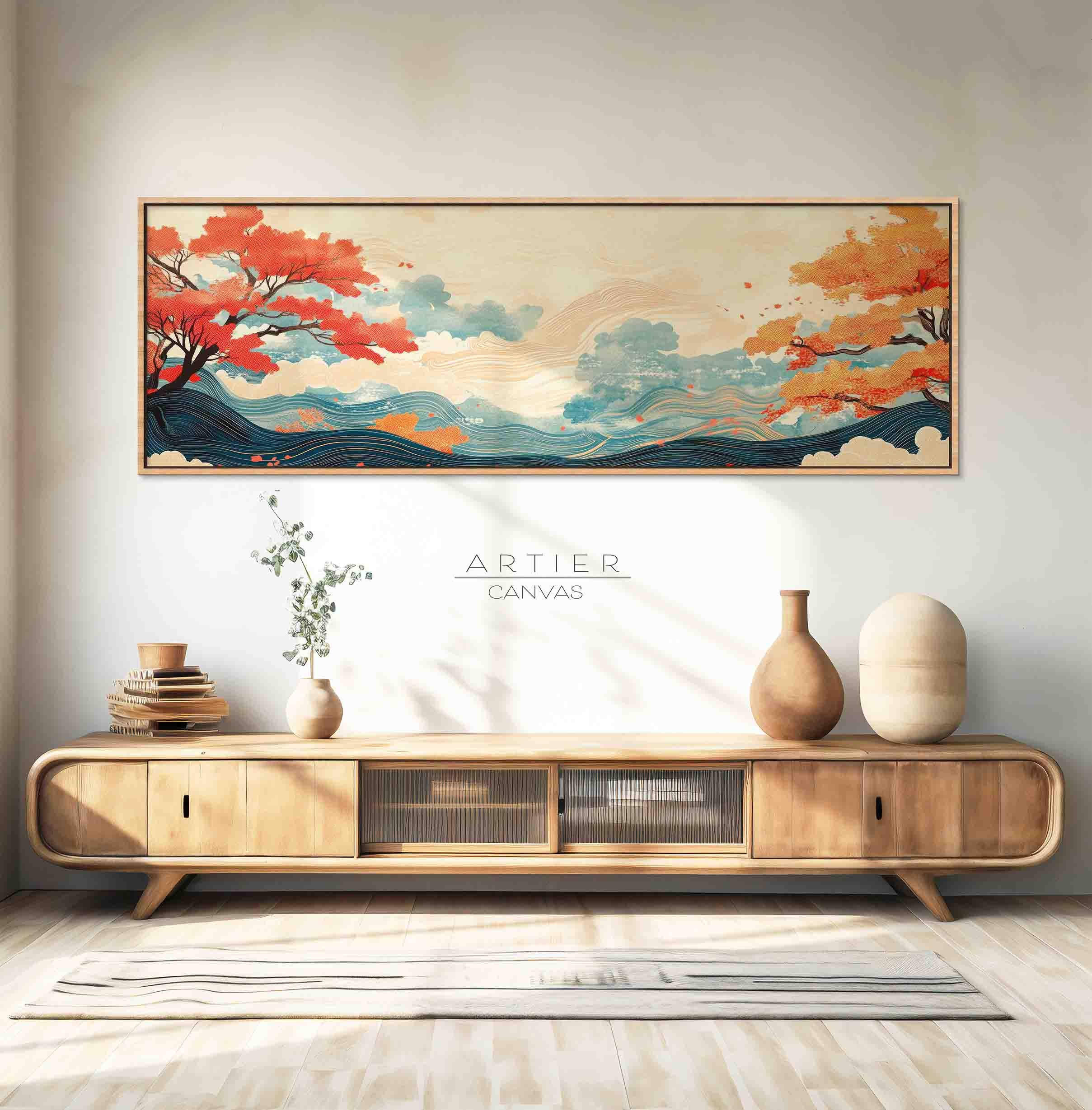 Framed Japanese Landscape Canvas Print, Long Horizontal Floral