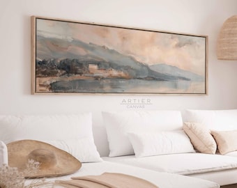 Muted Vintage Seascape Framed Canvas Print, Neutral Coastal Seascape Long Horizontal Wall Art, Panoramic Nautical Art, Ready To Hang