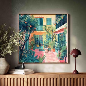 Colorful House Courtyard Wall Art Print, Modern Abstract Architecture Framed Canvas Wall Art, Square Modern Oil Painting Canvas Print
