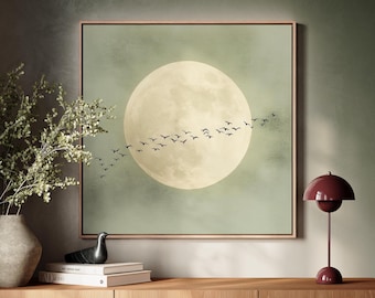 Minimalistischer Vollmond Leinwand, Salbeigrüner Japandi Vogel Kunst, Neutraler quadratischer Druck