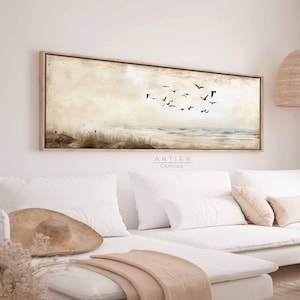 Vintage Seascape Canvas Print, Long Horizontal Beach, Nautical Wall Art