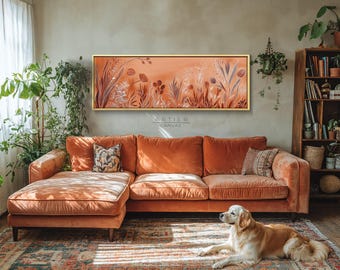 Terracotta Wildflower Field Canvas Print, Modern Panoramic Folk Art