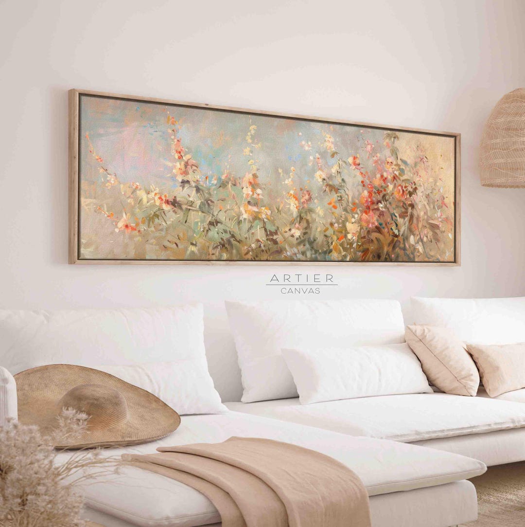 Wildflowers Field Framed Canvas Print: Vintage Spring Meadow Landscape ...