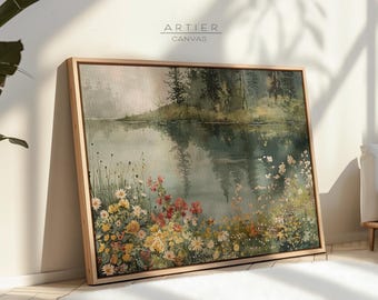 May include: A framed canvas print featuring a serene watercolor landscape. The artwork depicts a tranquil lake scene with reflections of trees and a colorful array of wildflowers in the foreground. The frame is made of light-colored wood. The text "ARTIER CANVAS" is visible.