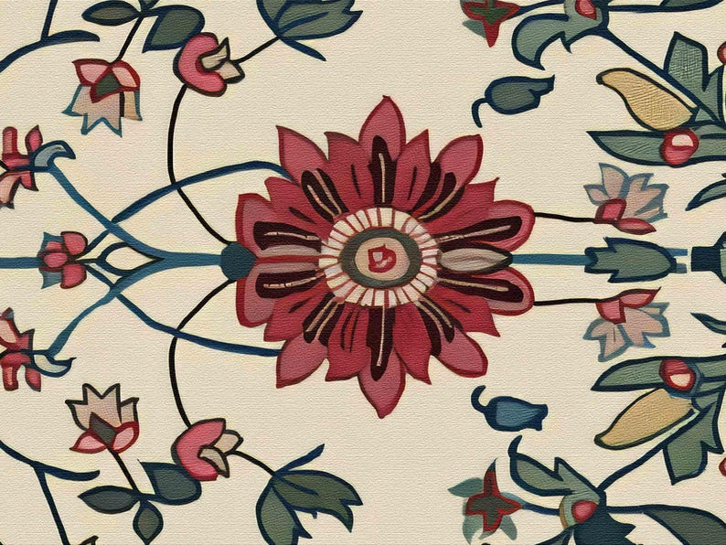 Puede incluir: Patr&oacute;n floral detallado con una gran flor burdeos en el centro, rodeada de flores rosas y burdeos m&aacute;s peque&ntilde;as y hojas verdes. El dise&ntilde;o se establece sobre un fondo crema, con tallos azul oscuro.