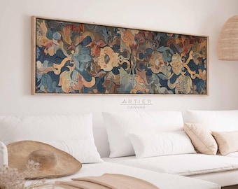 Framed Antique European Tapestry Canvas Print, Vintage Textile Wall Art, Long Horizontal Wall Art, Long Narrow Tapestry Spring Landscape