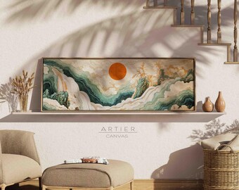 Framed Japanese Sunset Landscape Canvas Print: Long Narrow