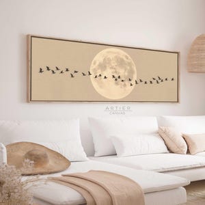 Japandi Full Moon Canvas Art: Flying Birds, Oriental Feng Shui Decor