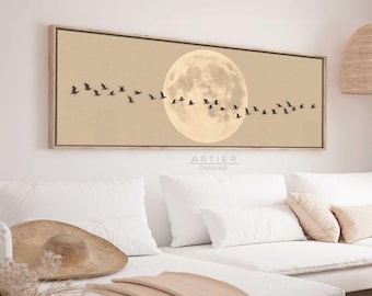 Japandi Full Moon Canvas Art: Flying Birds, Oriental Feng Shui Decor