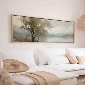 Vintage Tree Landscape Canvas Print: Muted Green Horizontal Wall Art