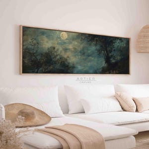 Framed Full Moon Forest At Night Wall Art Print, Oil Painting Long Horizontal Forest Trees Landscape Canvas Print Wall Decor, Ready To Hang