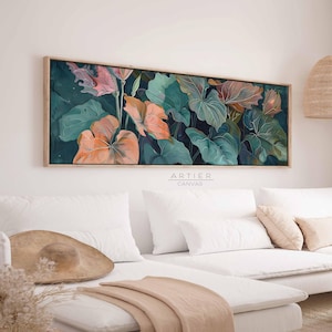 Panoramic Floral Framed Canvas Wall Art Print, Long Horizontal Botanical Canvas Print, Panoramic Colorful Leaves, Above Bed Decor