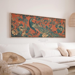 Framed Vintage Peacock Tapestry: Traditional Floral Canvas Wall Art