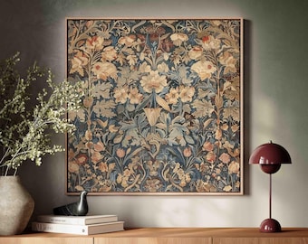 Framed Antique European Tapestry Canvas Print, Vintage Textile Wall Art, Square Wall Art, Large Tapestry Spring Landscape, Above Bed Decor