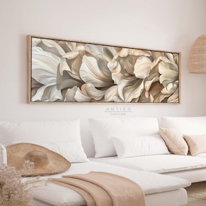 Framed White Floral Canvas Print: Long Horizontal Botanical Wall Art