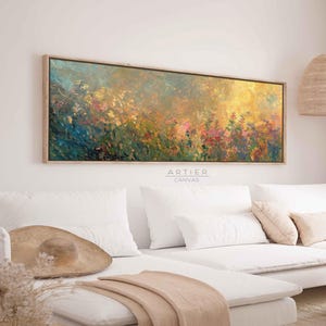 Abstract Sunset WildFlowers Landscape Canvas Print, Spring Meadow Landscape Wall Decor, Wildflowers Field Framed Wall Art, Long Horizontal