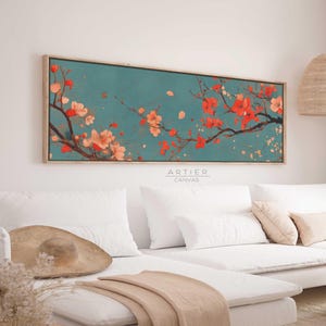 Impression sur toile fleurs japonaises encadrée, longue et étroite décoration murale sur toile arbre cerisier coloré coloré, longue décoration murale florale horizontale botanique