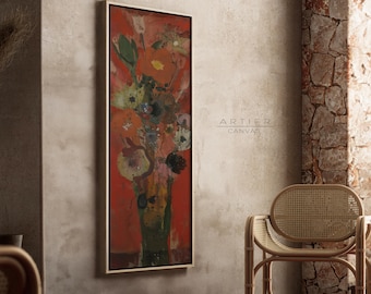 Red Abstract Floral, Vertical Moody Canvas, Maximalist Wall Art