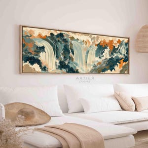 Abstract Japanese Waterfall Framed Canvas Art: Long Horizontal Seascape Print