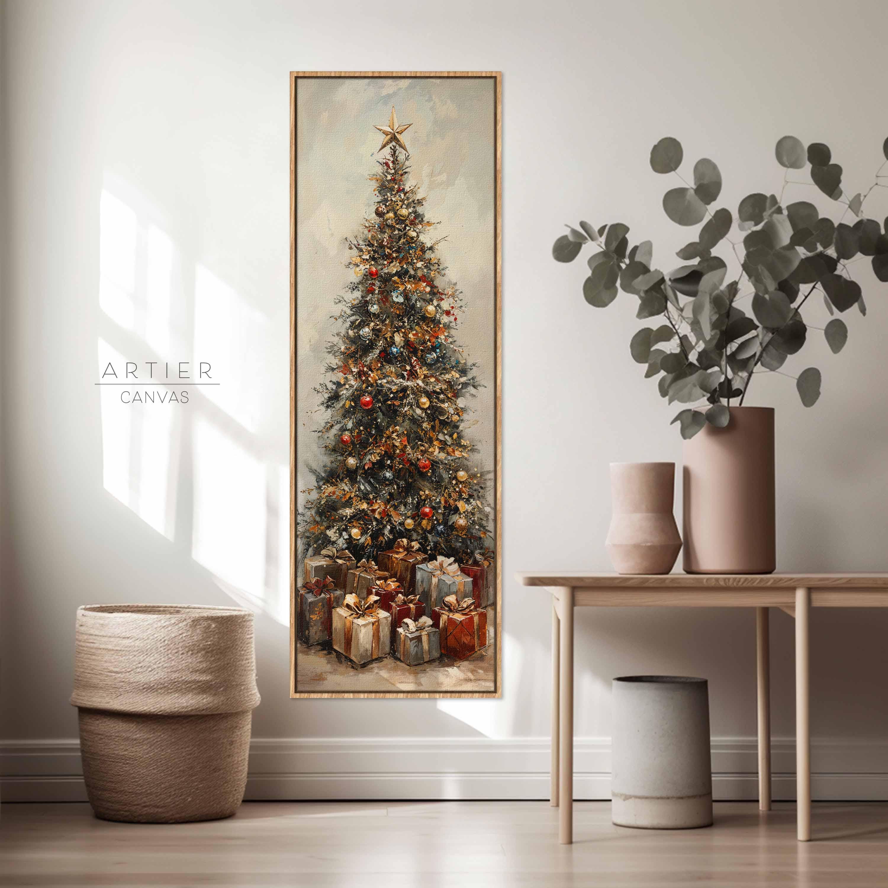 クリスマスツリーのキャンバスプリント：縦長のフレーム付きウォール