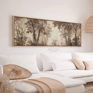 Framed Forest Canvas Print: Long Horizontal Ink Painting Style Wall Art