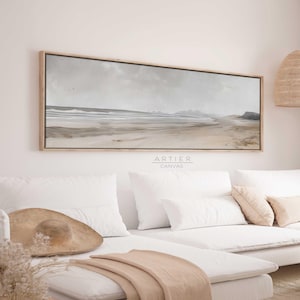 Minimalist Coastal Seascape Wall Art, Muted Beach Painting Framed Canvas Print, Long Horizontal Beach Wall Art, Panoramic Nautical Art