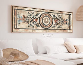 Op de afbeelding: Een rechthoekig canvas kunstwerk met een bloemenontwerp in een houten frame. Het kunstwerk heeft een centraal cirkelvormig motief met een plantontwerp, omgeven door bloemen- en bladerpatronen in gedempte tinten beige, bruin en blauw. De tekst "ARTIER CANVAS" is zichtbaar.