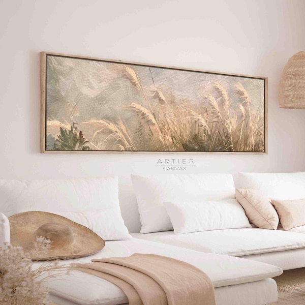 Pampas Grass Canvas Print, Framed Long Horizontal Vintage Landscape
