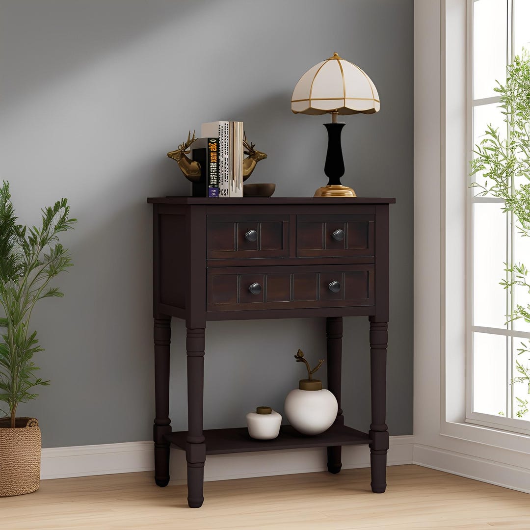 TREXM Narrow Console Desk - Slim Sofa Table with Storage Drawers