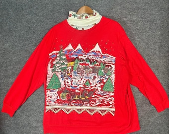 Women's UGLY Christmas Sweater Scene Turtle Neck Long Sleeve Red Sweatshirt Xl