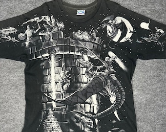 Rare Vintage 90s Liquid Blue Fantasy Dragon Knight AOP T Shirt Mens XL