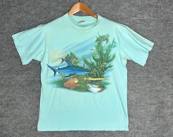 Harlequin Vintage Ocean Life Shark Turtle Fish T Shirt Large Made in USA