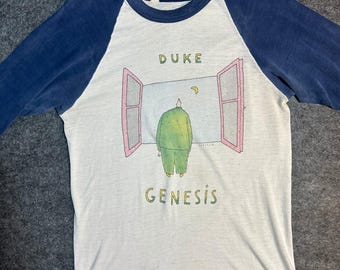 Vintage 80s Genesis Duke Tour Raglan T Shirt Mens Medium Blue White Graphic Tee