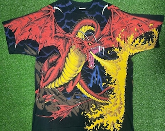 Vintage 1993 Liquid Blue Dragon All Over Print T Shirt XL Mens Black Fantasy 90s