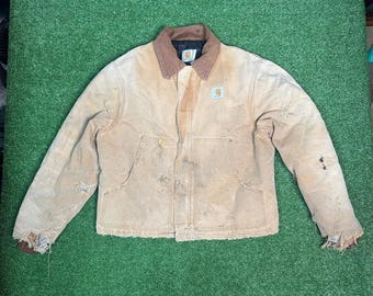 Vtg 90s Carhartt J01 CHT Tan Chestnut Detroit Jacket Made USA Distressed Large