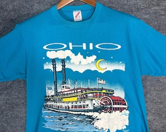 Vintage Ohio Steamboat Graphic T Shirt Men's Aqua Blue Jerzees Size L