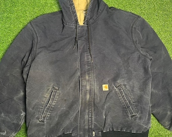 Vtg 90s Carhartt FRJ184 DNY Navy Blue Flame Resistant Hooded Jacket USA Made 2XL
