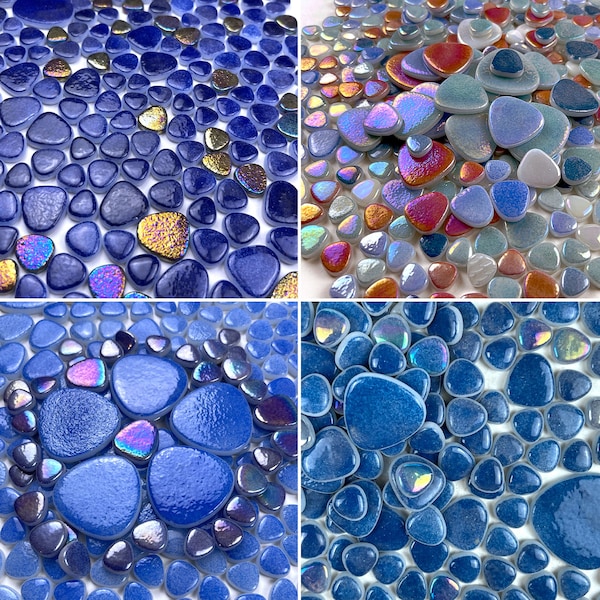 2.2 lbs (1 kg) Mixed Iridescent Mosaic Glass Tile Pebbles, 100% Recycled Glass Tiles, Smooth Rounded Edges, 5 Different Pebble Sizes