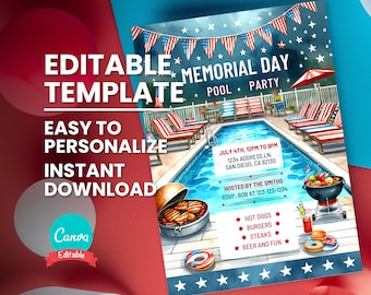 Memorial Day Pool Party Invitation, Summer BBQ (Canva Template)