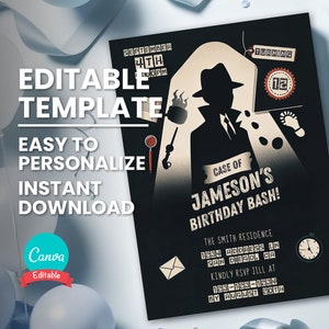 Detektiv Geburtstagseinladung, Mystery Clue Party einladen, bearbeitbare Vorlage, druckbare Geburtstagskarte, Handy Evite, Sofort Download