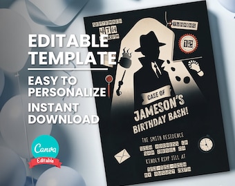 Detective Birthday Invitation, Mystery Clue Party Invite, Editable Template, Printable Bday Card, Mobile Phone Evite, Instant Download
