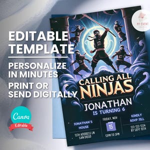 Faire-part d'anniversaire Ninja, soirée à thème Ninja, modèle numérique modifiable pour tous les âges, téléchargement immédiat, carte d'invitation imprimable, téléphone portable