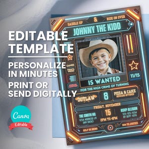 Wanted Poster Invitation, Futuristic Birthday Photo Party Invite, Editable Template, Printable Bday Card, Digital Evite, Instant Download