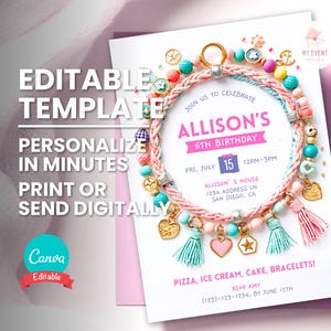 Convite de aniversário com pulseira da amizade, festa temática com joias, convite para fazer miçangas, modelo digital, cartão de aniversário para imprimir, download instantâneo