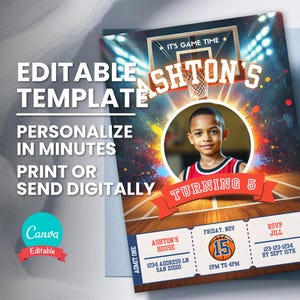Basketbal fotoverjaardagsuitnodiging, elke leeftijd spelerfeest, bewerkbare digitale sjabloon, afdrukbare verjaardagskaart, mobiele Evite, Instant Download