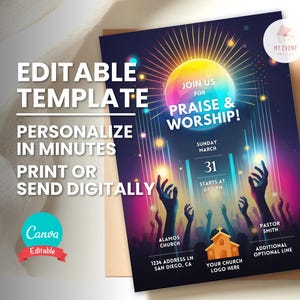 Moderne Kirche Flyer, Einladung zum Lobpreis, erhobene Hände, Liedgebet, bearbeitbare digitale Vorlage, druckbare Einladung, Sofort-Download