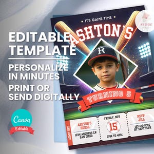 Baseball-Foto Geburtstagseinladung, Ball Spiel Ticket einladen, jedes Alter bearbeitbare digitale Vorlage, sofortiger Download, druckbare Bday Party Card