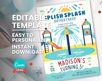 May include: Editable birthday party invitation template with a colorful illustration of a water park. The text reads "Splish Splash Birthday Bash!" with a date, time, and location for the party. The invitation also includes the child's name, age, and RSVP information.