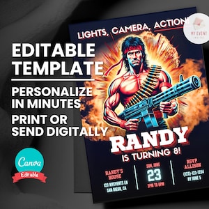 Puede incluir: Plantilla de invitación con un hombre musculoso sosteniendo una ametralladora, con el texto "¡Randy cumple 8 años!" y "Luces, Cámara, Acción". Incluye detalles del evento y el logo de Canva.